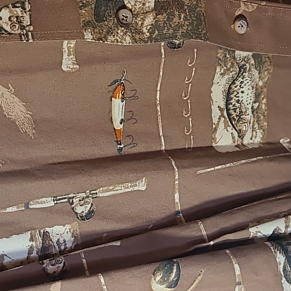 Magellan Fish Print Flannel XL Brown Cotton Shirt Bass Lure Reel Novelty Fun - Picture 3 of 6